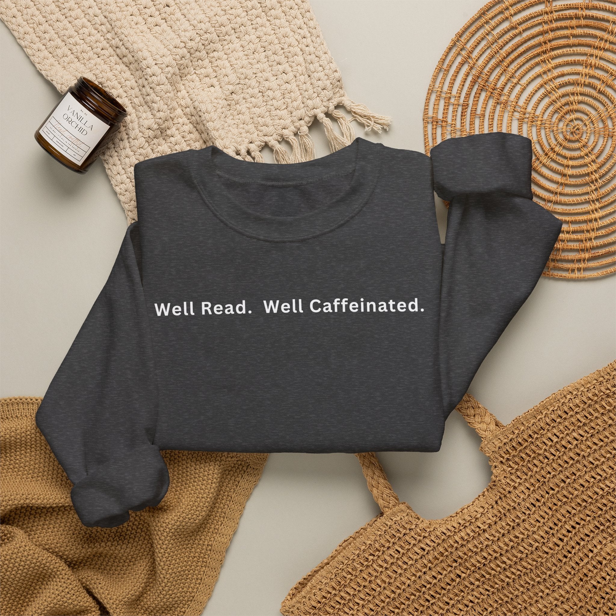 Well Read. Well Caffeinated. Literary Coffee Crewneck Sweatshirt